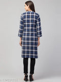Dark blue woolen checkered straight kurta with three-quarter sleeves, popular Indian women's fashion clothing on mannequin