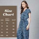 Women's blue striped rayon jumpsuit with tie-up knot, short sleeves, side pockets