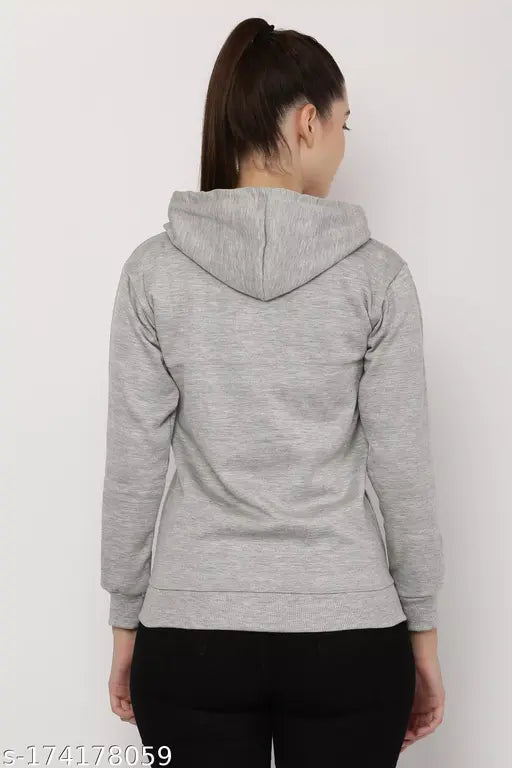 Silver fleece zipper hoodie jacket, solid pattern, MAM FASHION long sleeves, size S-XXL, made in India