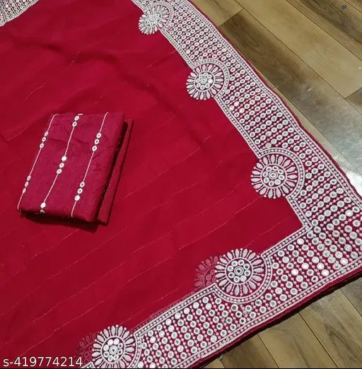 Georgette embroidered lace saree with sequin pallu, free size, satin blouse