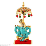 Marble Ganesh Idol with Umbrella Stand - Divine Protection for Car Dashboard, handcrafted masterpiece from India
