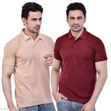 Matty fabric, maroon & peach half-sleeve polo t-shirt for men in regular fit, suitable for various occasions and available in sizes S to 3XL. Plus size tshirt for men with bottom neck collar and pocket. Made in India