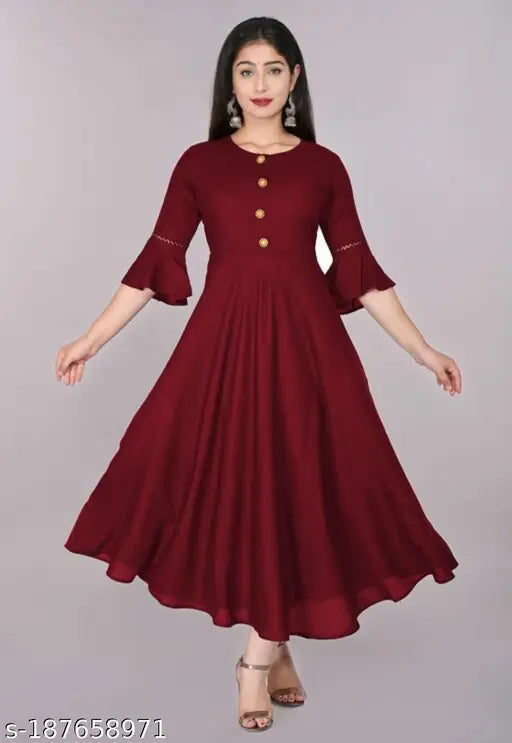 Fancy viscose rayon flared kurti, solid design, three-quarter sleeves. Perfect for any occasion or casual event, India origin