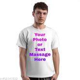 Personalized white polyester t-shirt for men, customizable with photos for friends/family/couple anniversary gifts. HD printed logo enhances promotional appeal. Durable 100% knitted polycotton blend (60% cotton, 40% polyester). Pack of 1 with sizes S, M, L, XL available. Made in India