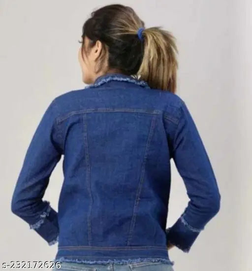 Blue denim women's jacket, three-quarter sleeves, solid pattern for girls, size S (bust 34in, length 21in), made in India