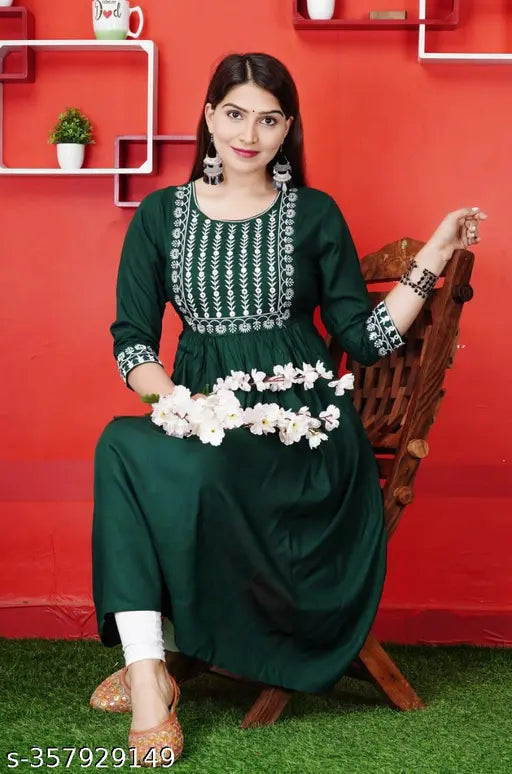 Rayon embroidered three-quarter sleeve kurti, traditional Indian anarkali dress for functions and weddings. Sizes: S (36in bust, 46in length), M, L, XL, XXL, XXXL. High-quality, comfortable, and fashionable