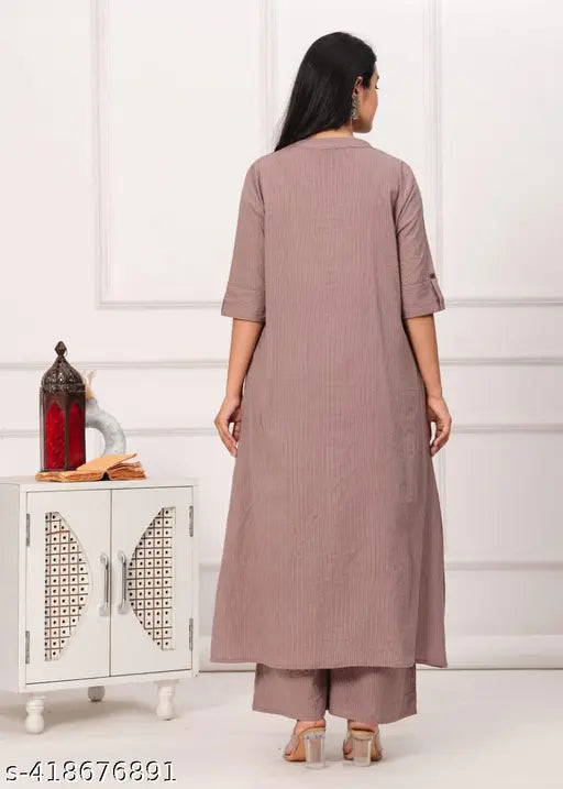 Brown cotton Kurta with Palazzos, Katha style, office wear dress for women and girls. Ethnic Indian clothing with stylish prints, ideal for work or festive events." (124 characters)