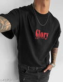 Black cotton blend round neck t-shirt for men, printed design on chest