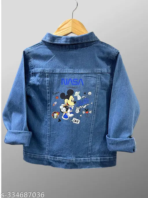 Unisex denim NASA jacket with printed net pattern, long sleeves for kids aged 3-8 years, made in India