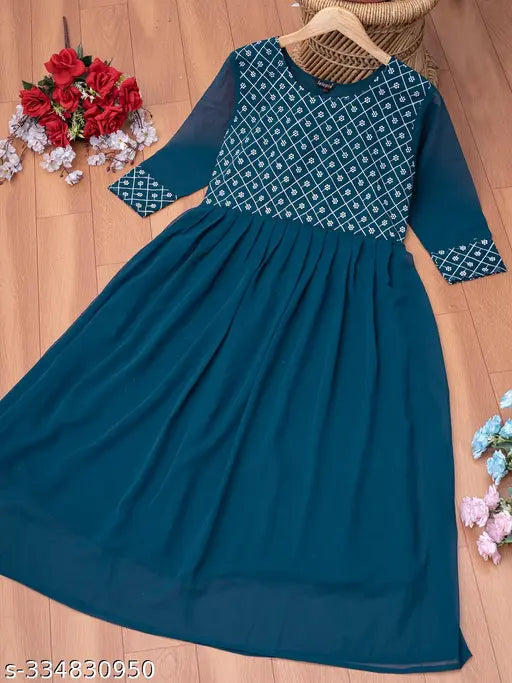 Embroidered georgette anarkali kurti for women and girls, 3/4th sleeves, hand-washable Indian casual wear