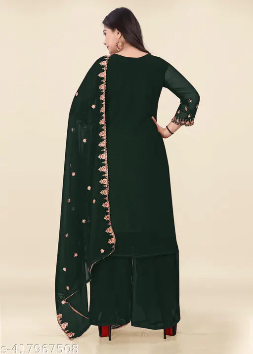 Zari embroidery Georgette kurta set with dupatta and sharara for women and girls, three-quarter sleeves, heavy embroidery work