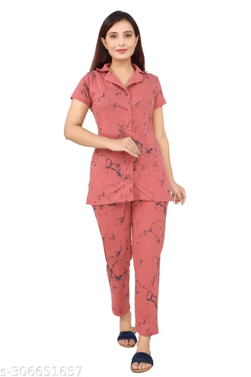 Cottonblend printed women's casual nightsuit with short sleeves and round neck, vibrant summer design in various sizes (M, L, XL, XXL)