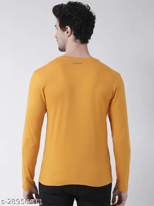 Mustard men's long-sleeve V-neck cotton T-shirt, lightweight and breathable for summer