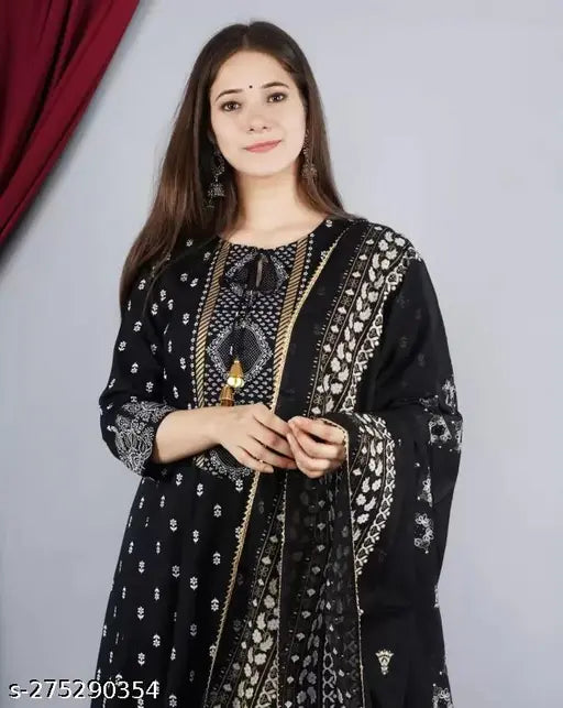Rayon printed Anarkali Kurta set with Palazzos and dupatta, intricate design on display