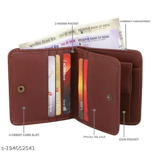 Solid faux leather bi-fold wallet, perfect for men & women. Free size, ultra slim, stylish design, 2 compartments. India-made accessory