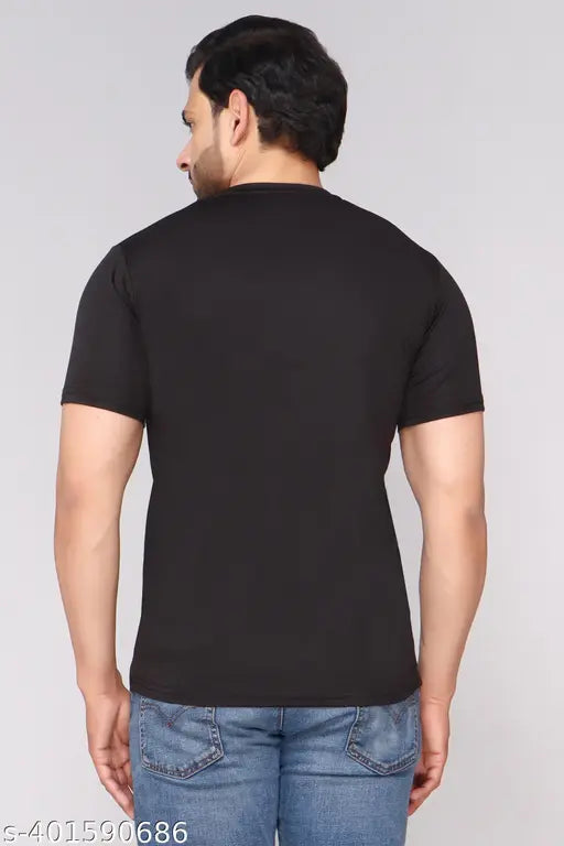 Aema black men's stretchable cotton blend round neck t-shirt with short sleeves, solid pattern, size M
