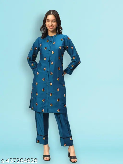 Silk blend ethnic wear: Embroidered kurta and ankle length trouser for women, perfect for all occasions, made in India