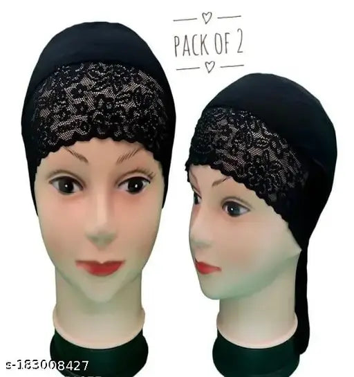 Black cotton canvas inner hijab cap pack of 2 for Muslim women, intricate stone detailing
