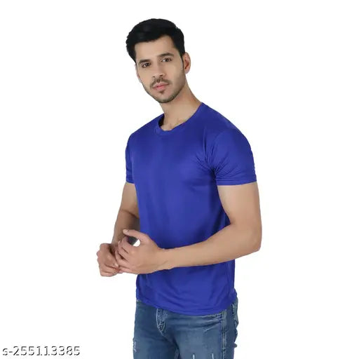 Cotton blend round neck t-shirts for men, stylish, short sleeves, solid color, premium fabric, breathable, sweat free, regular fit, available in 3 vibrant colors, India origin