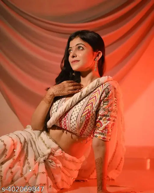 White Georgette embroidered saree with banarasi silk blouse piece, adorned with sequins and zari woven patterns