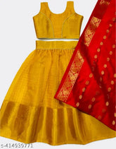 Yellow Organza Lehenga Choli Set for Girls, embellished with traditional Zari woven patterns and intricate embroidery, perfect for festive occasions