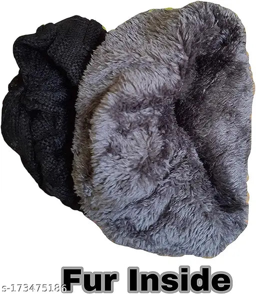 Soft-spun acrylic, wool long beanie cap with furr lining, trendy criss-cross basket weave knit design. Hand wash only, fits most adults. Indian made