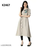 Trendy rayon cotton slub Anarkali kurti, printed combo, short sleeves. Women's casual wear for parties, events. Ideal for office and weekend outings. Indian-origin design with wide range in Rayon and SlubCotton fabrics. Perfect for card parties and festivals