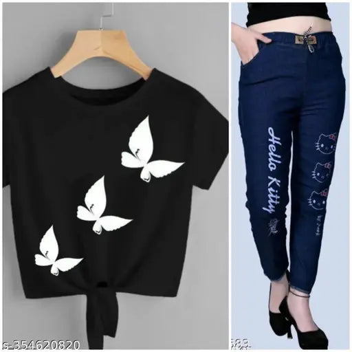 Cotton blend t-shirt with denim jogger jeans combo pack 2 - unique printed style for casual fashion