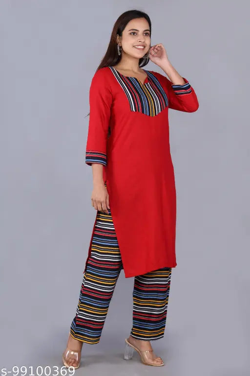 Red stripe rayon kurta with rainbow plazzo pant, new designer clothing for women