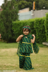 Green Leheriya Printed Georgette Peplum Kurta Sharara Set with Dupatta, suitable for traditional occasions and formal events for kids aged 1-8 years. Made in India