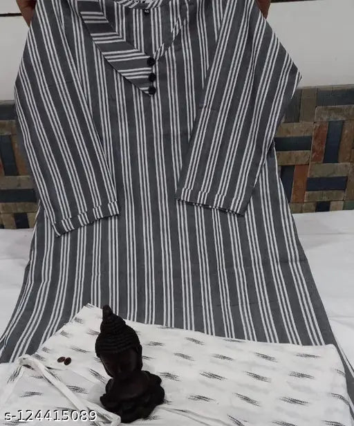 Stylish grey kurti with white pant set, cotton three-quarter sleeves. Women's ethnic wear best for summer