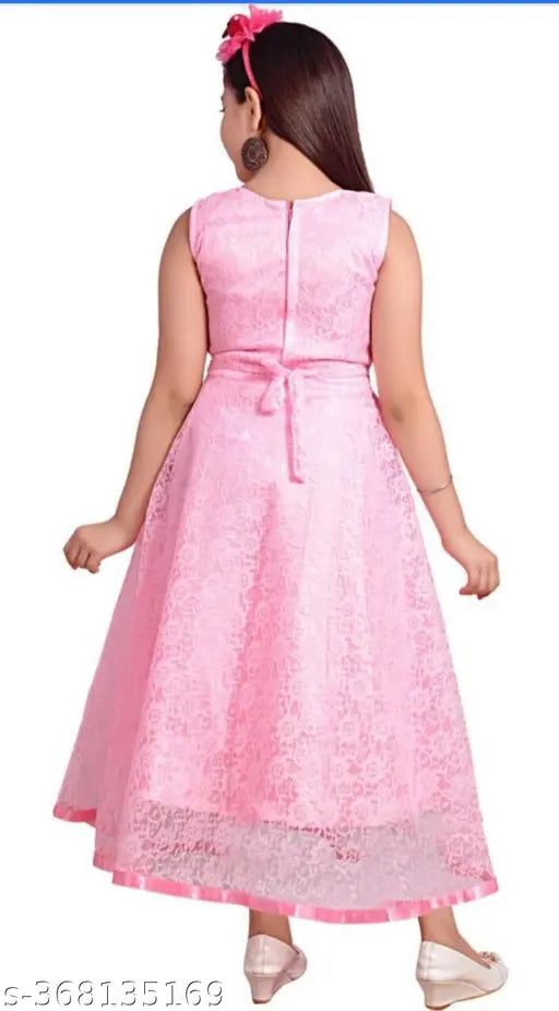 Pink sleeveless maxi dress made from embroidered net, perfect for girls' parties, India origin