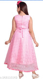 Pink sleeveless maxi dress made from embroidered net, perfect for girls' parties, India origin