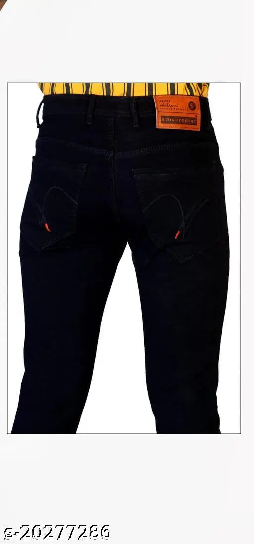 Cotton blend men's denim jeans, solid pattern in black size 30 (waist 30in, length 41in), trendy designer jeans for fashion-forward style