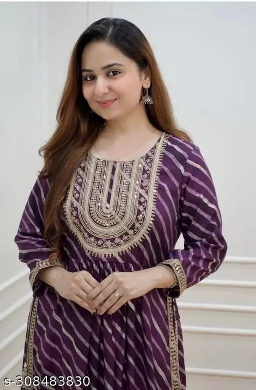 Embroidered Rayon Lahariya Nayra Cut Kurti, three-quarter sleeve Indian ethnic wear on mannequin