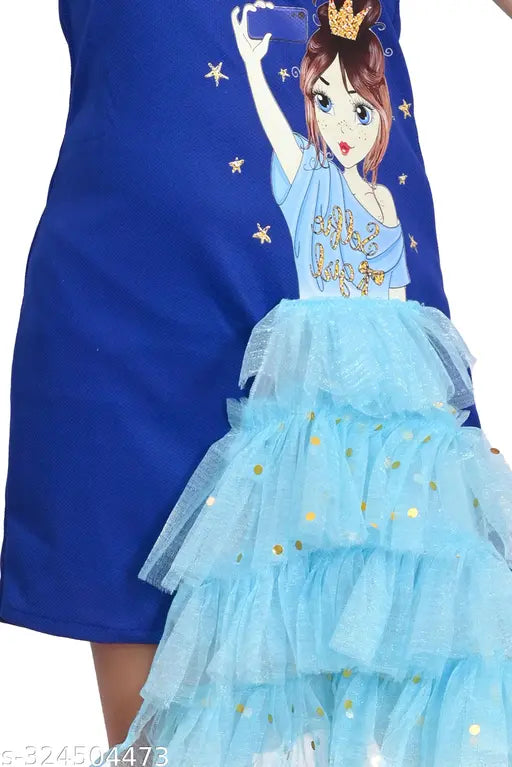 Blue cotton blend midi dress for girls, party wear - short sleeves, solid navy color, suitable for festivals and occasions