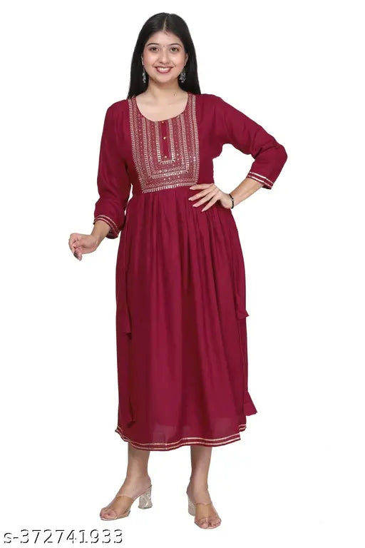 Maroon rayon three-quarter sleeve kurta, solid pattern Indian traditional clothing for women, size S to XXL