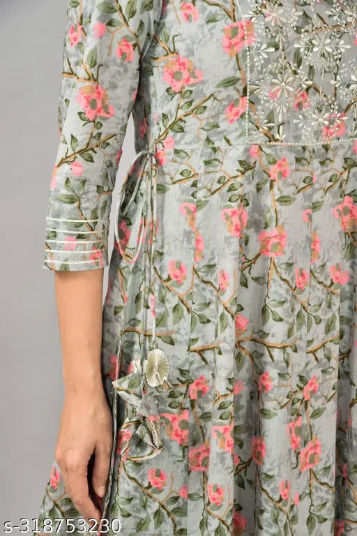 Rayon, deep neck embroidered printed Anarkali kurta with three-quarter sleeves, Indian women's fashionable outfit on mannequin