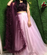 Acrylic net lehenga-choli with ruffle patterns for women and girls, showcasing free size (38in waist, 42in length, 2.5m dupatta) - latest Indian fusion wear