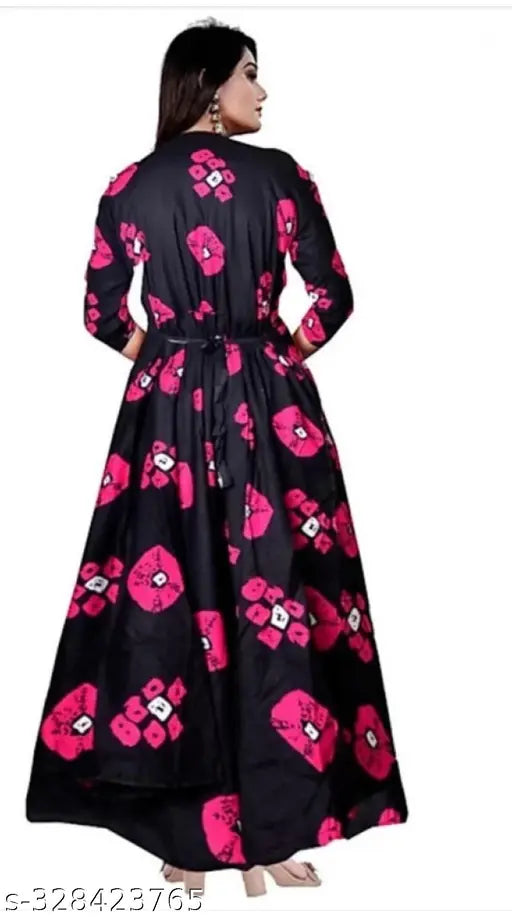 Anarkali pink flower print rayon kurta set for women, long sleeve with dupatta, trending Indian fashion design