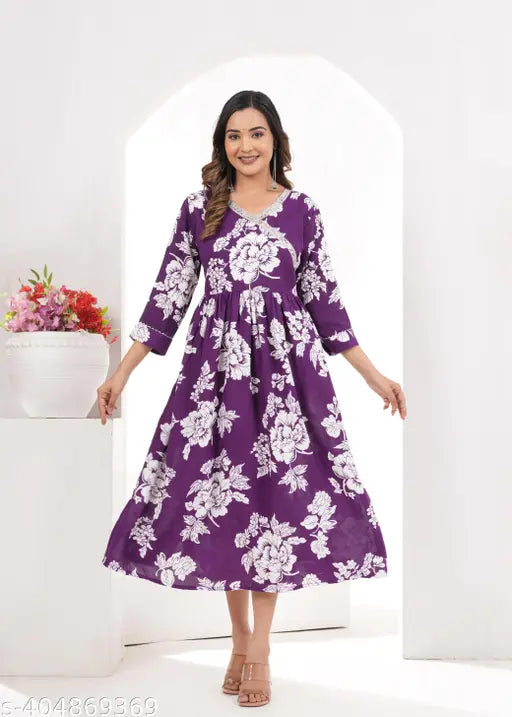 Rayon angrakha design party kurti for women in printed combo, three-quarter sleeves. India origin