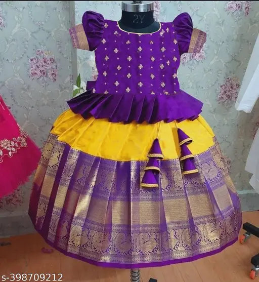 Designer kids' silk lehenga set, traditional ethnic wear for girls, short sleeves, zari woven pattern, suitable for all occasions like Ugadi, Mysuru Dasara, Pongal, Karaga, Onam, Wedding, Party, Birthday, Festival