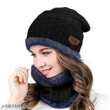 Black woolen beanie with neck scarf, fur-patterned and chunky knit, perfect for winter and outdoor activities. 2-in-1 accessory from Saraswati trading company