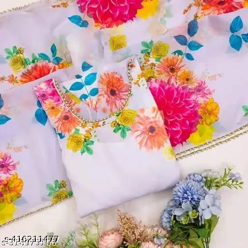 White printed georgette gown, Indian-made bridal or formal wear with three-quarter sleeves