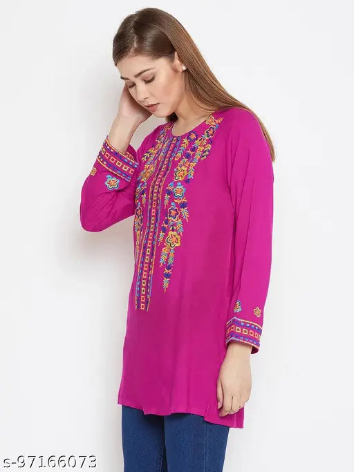 Pink embroidered rayon tunic for women, size S-XXL, trendy Indian clothing
