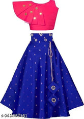 Embroidered cotton-silk crop top, sleeveless taffeta lehenga for girls - mirror work, stitched net - 3-4 years (24 in waist, 24 in length)