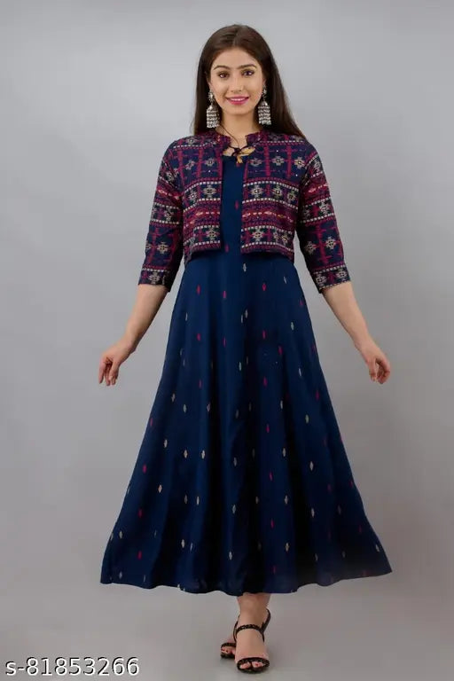 Plus size rayon blue kurta with jacket, printed combo for women