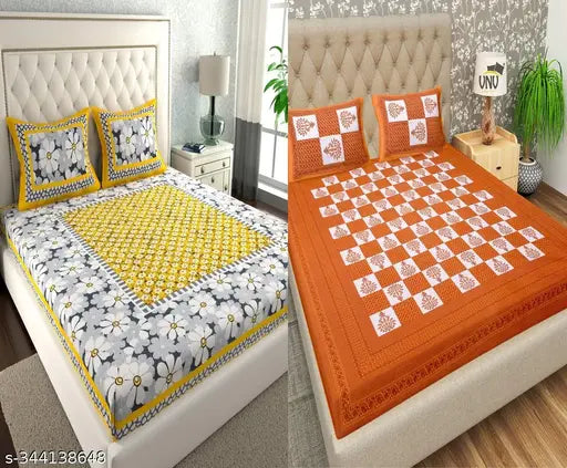 Attractive trendy cotton 90/100 jaipuri printed 180 TC Superfine double bedsheet combo (India) - Summer-ready floral bedding with 4 pillow covers