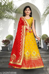 Art Silk Lehenga Choli Collection, handcrafted Banarasi Jacquard semi-stitched lehenga with un-stitched blouse and dupatta, Indian traditional wear for ages 8-16 years