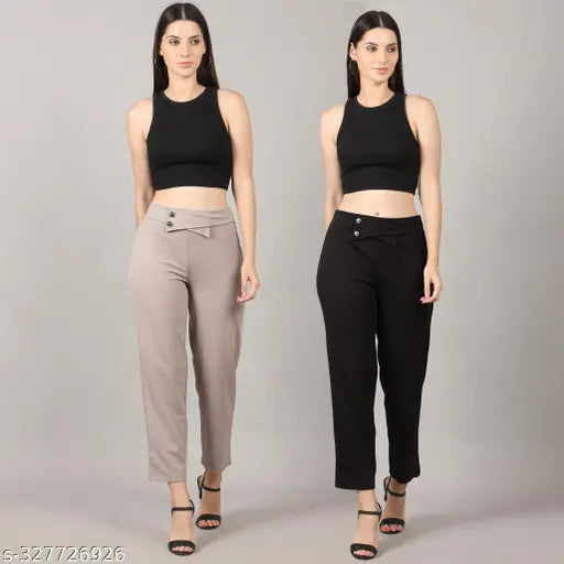 Polycotton elegant designer flap trousers for women and girls, solid net, pack of 2 - Indian made fashion trousers for sizes 26, 28, 30, 32, 34, 36